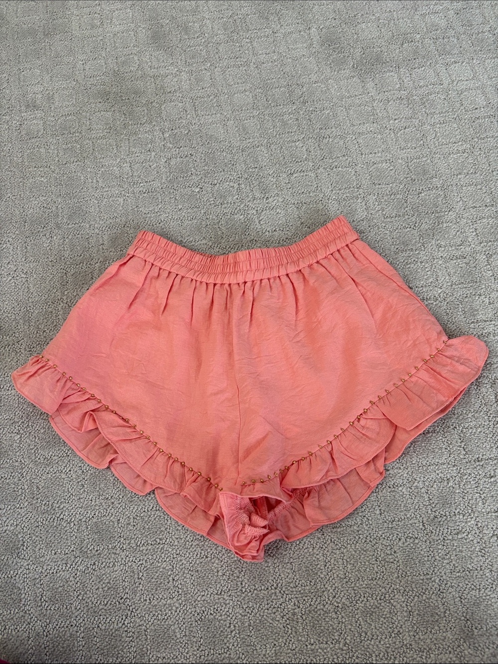 Chloe Oliver Peach Coral Ruffle with gold beads Elastic Waist Shorts XS